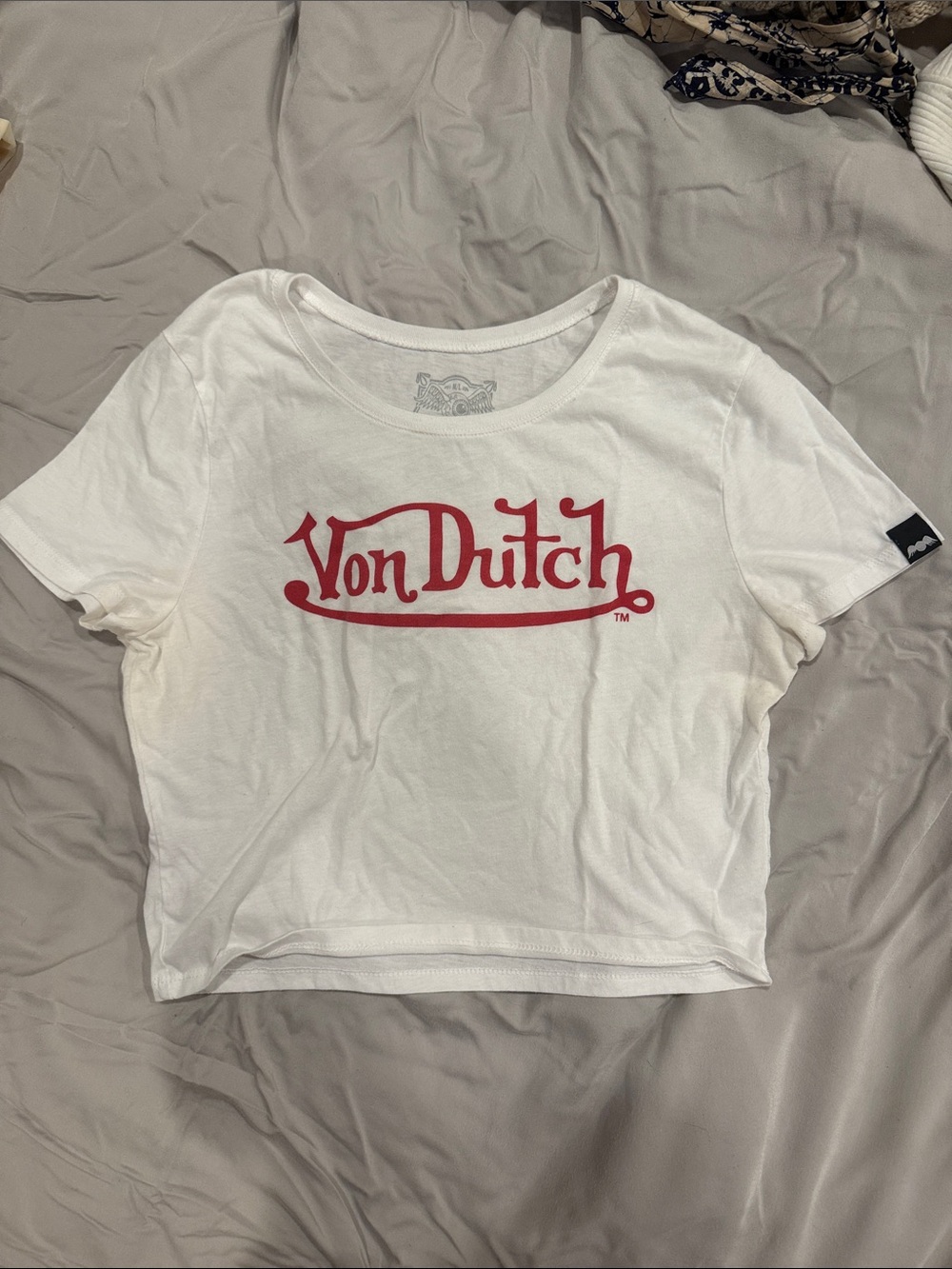 Von Dutch White Crop Tee with Red Logo Script